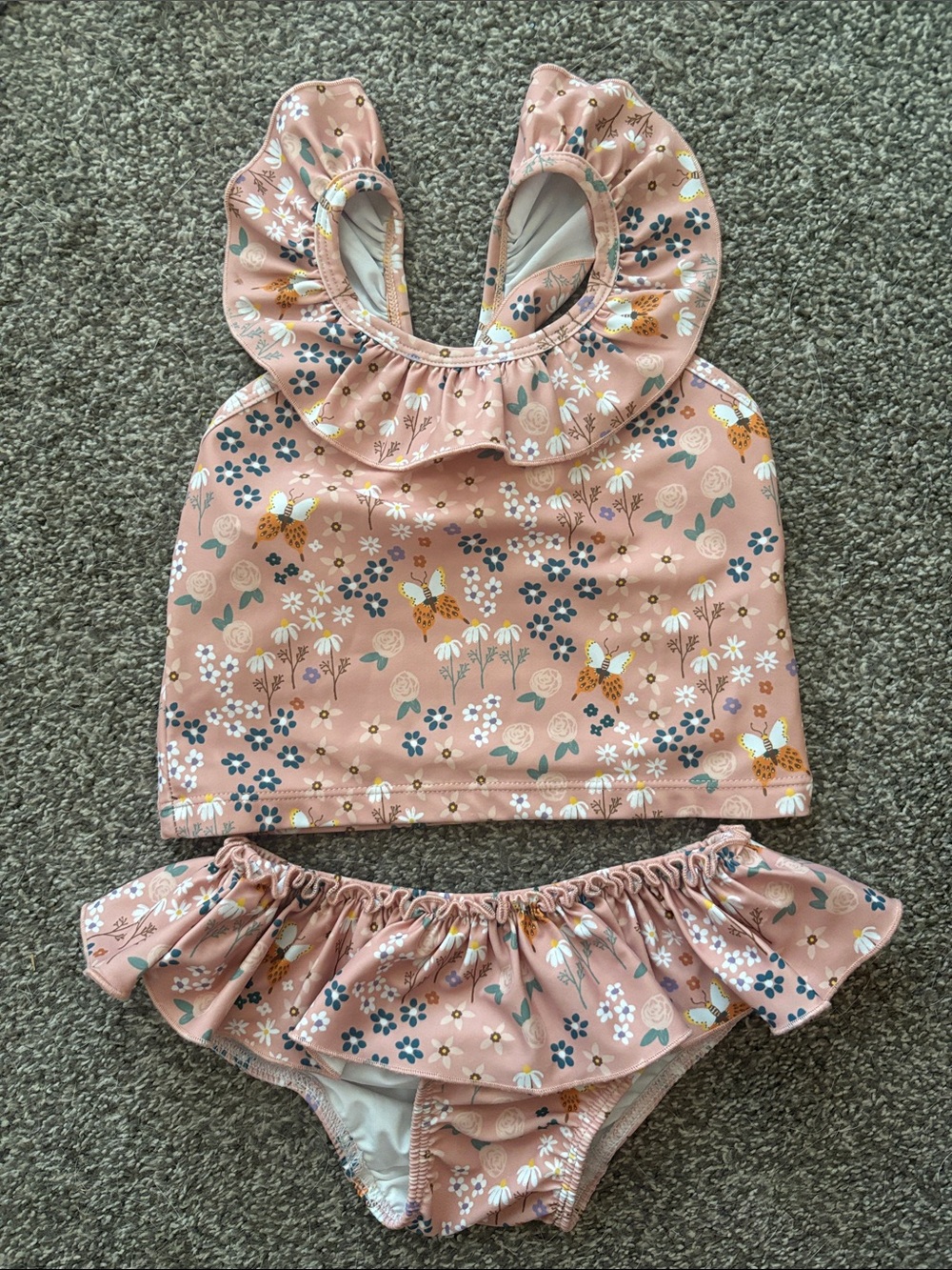 Girls Pink Floral Ruffle Tankini Swim Set
